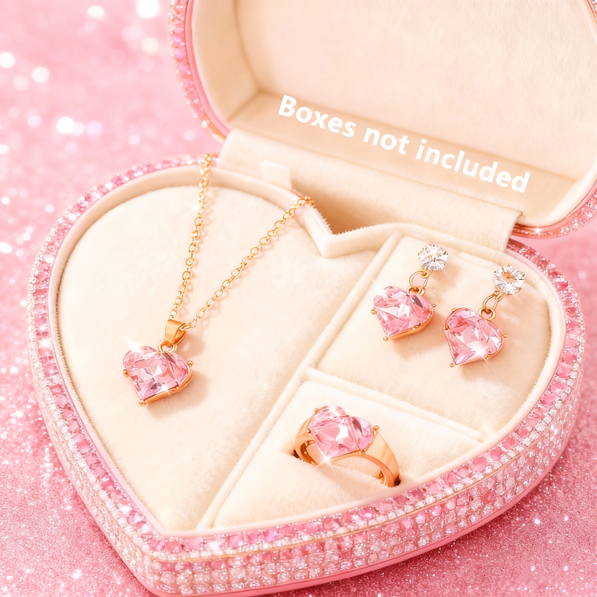4pcs Women's Pink Heart Jewelry Set - Necklace, Earrings and Ring, Elegant Gift for Valentine's Day and Weddings