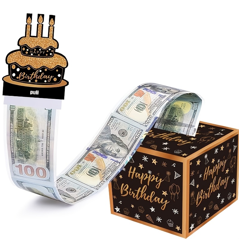 黑金生日抽钱礼盒，带抽拉式生日快乐贺卡的现金礼品盒，内含 50 个透明袋