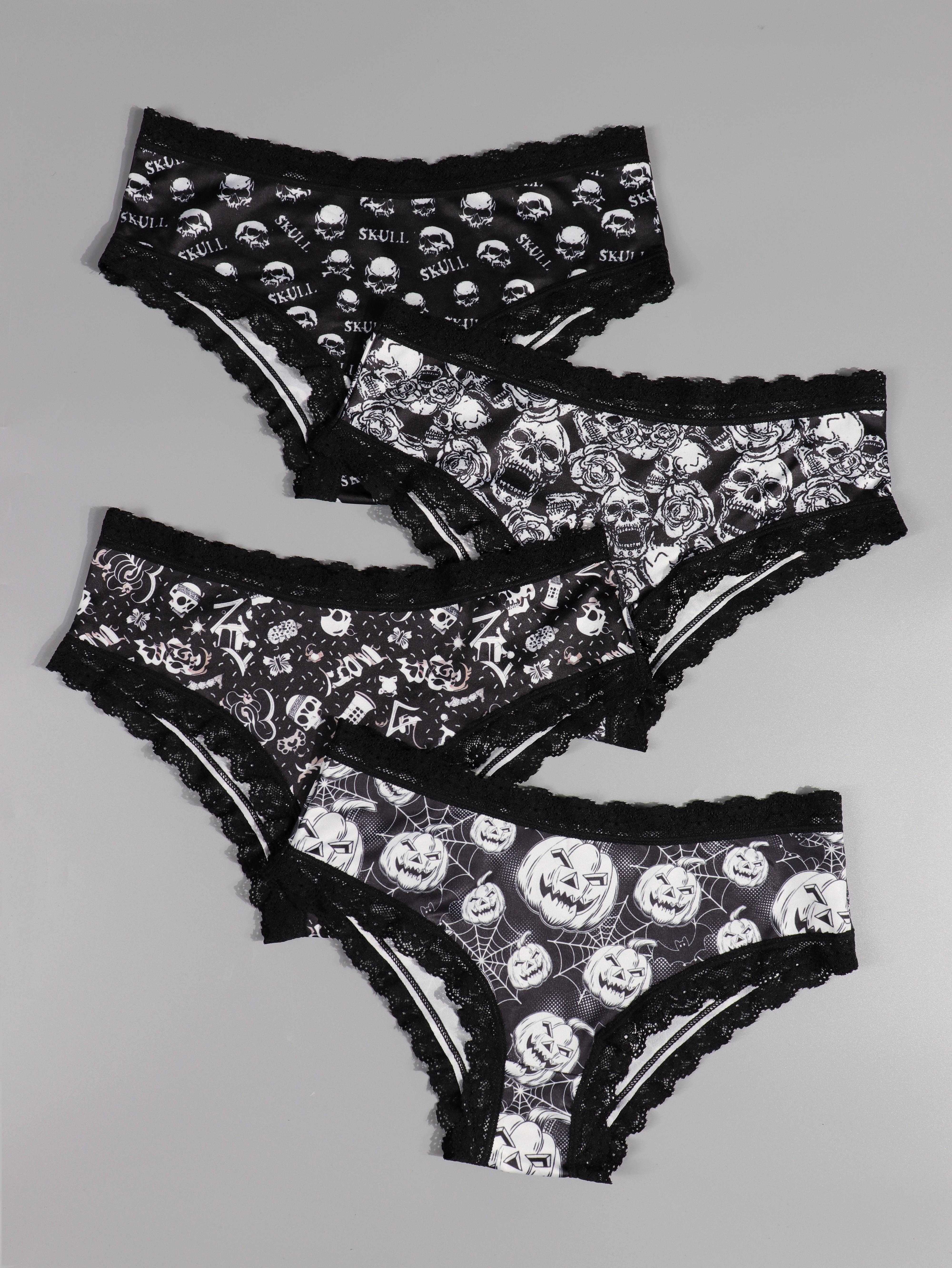 Gothic Contrast Lace Hipster Panties Halloween Skull Print - Temu