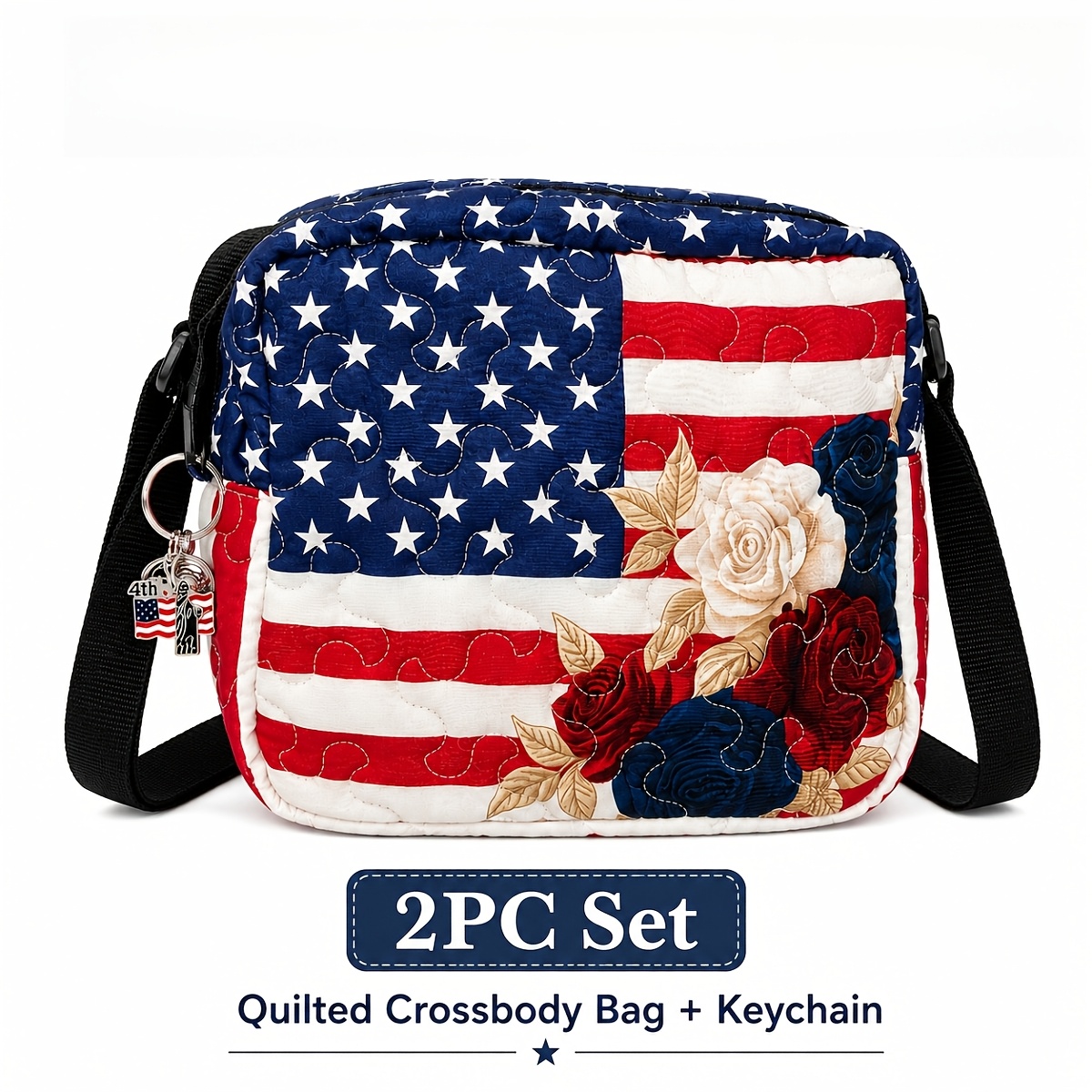 TEMU 2-4pcs American Flag Quilted Crossbody Bag With Keychain Set, Suitable For Men And Women, Soft Lightweight Floral Patriotic Shoulder Purse With