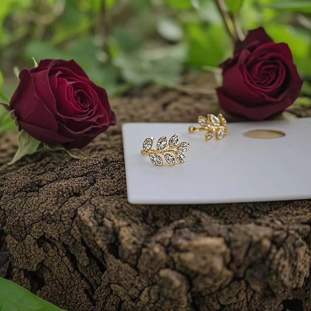 Women's No-Piercing Ear Clips - Adjustable non-piercing earring clips with Rhinestone-Like Leaf Design, KC Golden Plated Elegant Ear Jewelry for Everyday & Formal Events, Secure Clip-On Earrings for Non-Pierced Ears, Clip Earrings, Vacation Wear, Fairy Forest Style, Highend Finish, Fashion Accessories