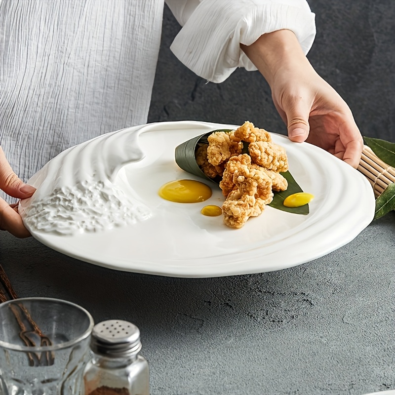 Upgraded version, purchased product, high-end restaurant-specific, wave-shaped artistic dishware, dim sum plate, plating, restaurant specialty, irregular Western-style white ceramic plate, premium feel, porcelain dinner plate, creative soup and pasta plate, light luxury ceramics, Christmas, Hanukkah, Thanksgiving gift