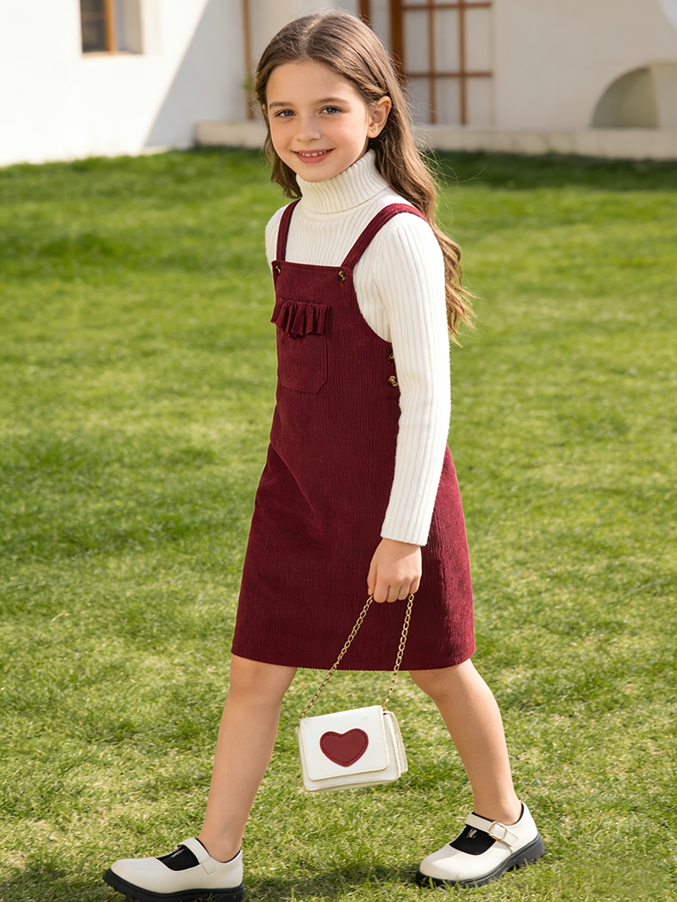 high rated girls burgundy vintage corduroy suspender dress - Temu Oman
