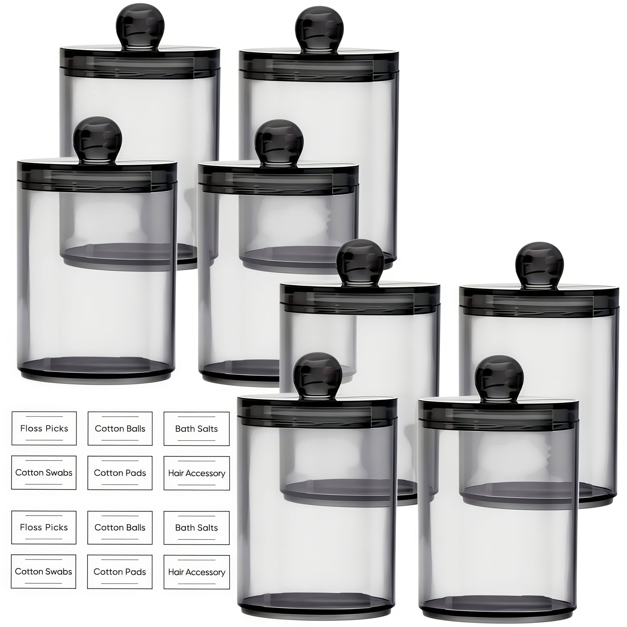 8pcs Acrylic Qtip Holder Dispenser For Swabs, Balls, Pads, Floss Picks- Clear Plastic Canister Apothecary Jar Set, Bathroom Essentials Accessories Decor Vanity Makeup Storage Organizer, Canisters
