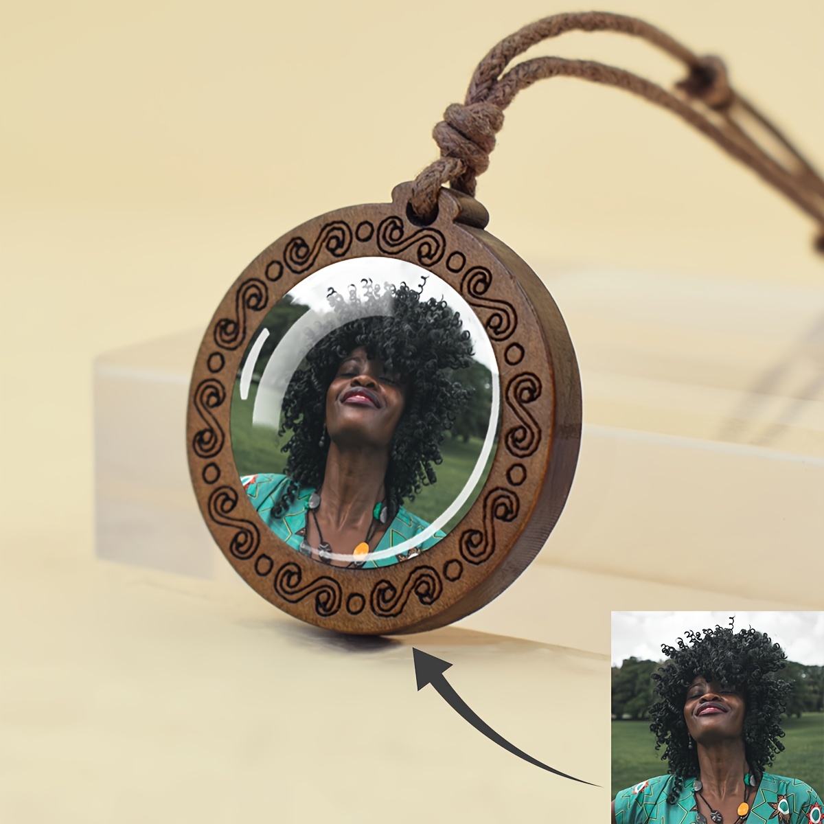 

Personalized -the-dark Photo Necklace - Custom Wooden Pendant With Glass Dome, Vintage Style Rope Chain For - Unique Gift For Birthdays & Anniversaries