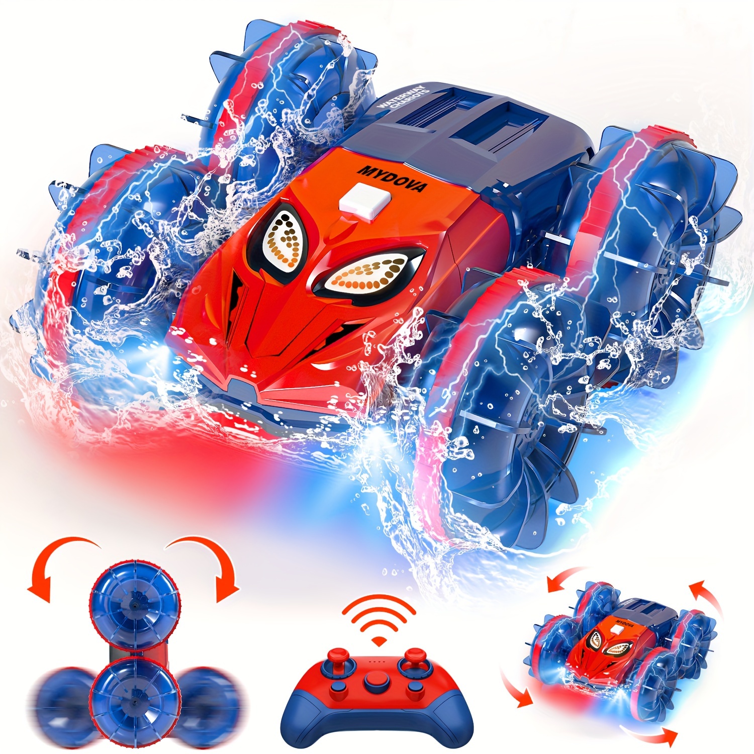 

Remote Control Car - 2.4ghz Rc Boat With Flashing Lights, 360° Rotating Wheels, Usb Rechargeable Battery, Vehicle For Boys 8-12, Red And Blue, Toys| Graphics|highquality Plastic