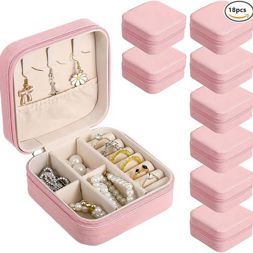 item picture 18pcs mini jewelry box set portable travel and desktop square zipper case lightweight dustproof storage box suitable for necklaces rings earrings ideal christmas halloween gift multiple colors jewelry box