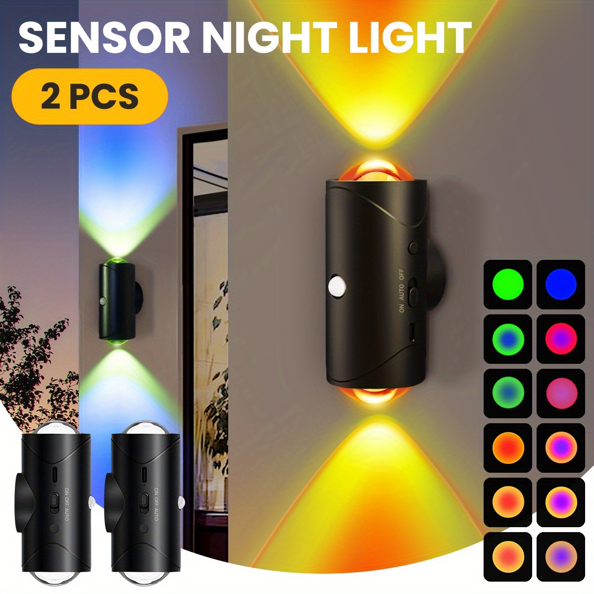 E-shop 4/2/1 Intelligente LED-Nachtlicht mit Bewegungssensor, 3 Beleuchtungsmodi, RGB-Farbwechsel, Magnetisch wandmontierbar und USB-aufladbar für