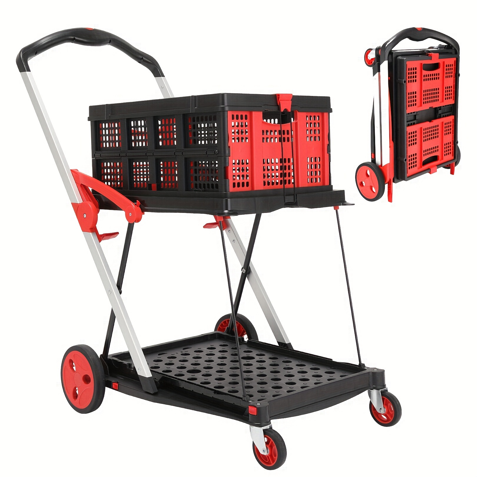 

Folding Trolley With Basket, 330lb Trolley With Retractable Handle, Four-wheel And Two-wheel Convertible Heavy-duty Handling Trolley Combination