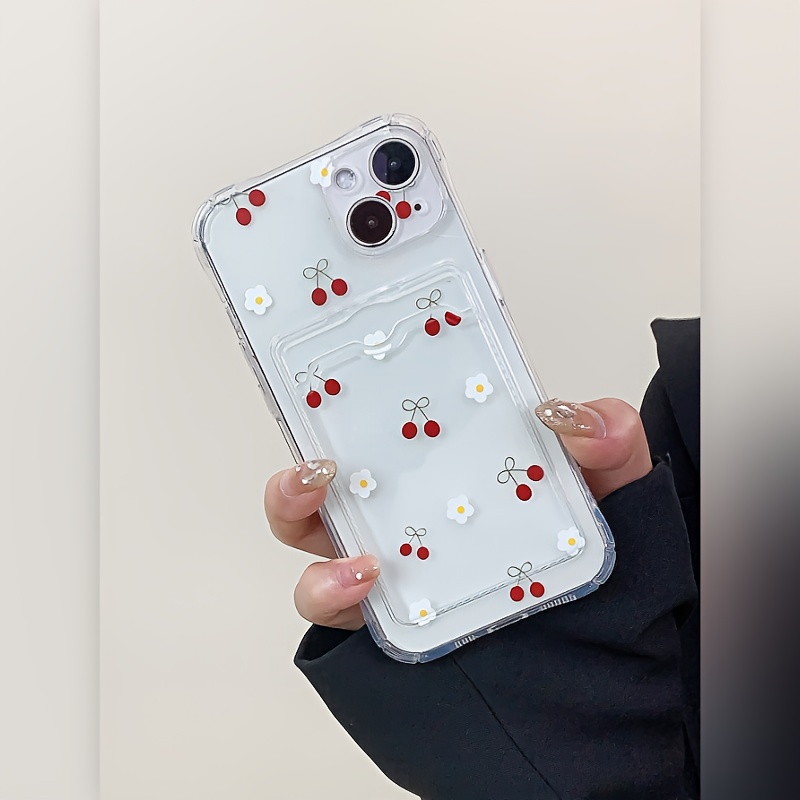 

A Transparent Tpu Phone Case With Cherry Pattern With Card/photo Holder, Providing Full-coverage Protection Against Drops, Suitable For 15 Pro Max
