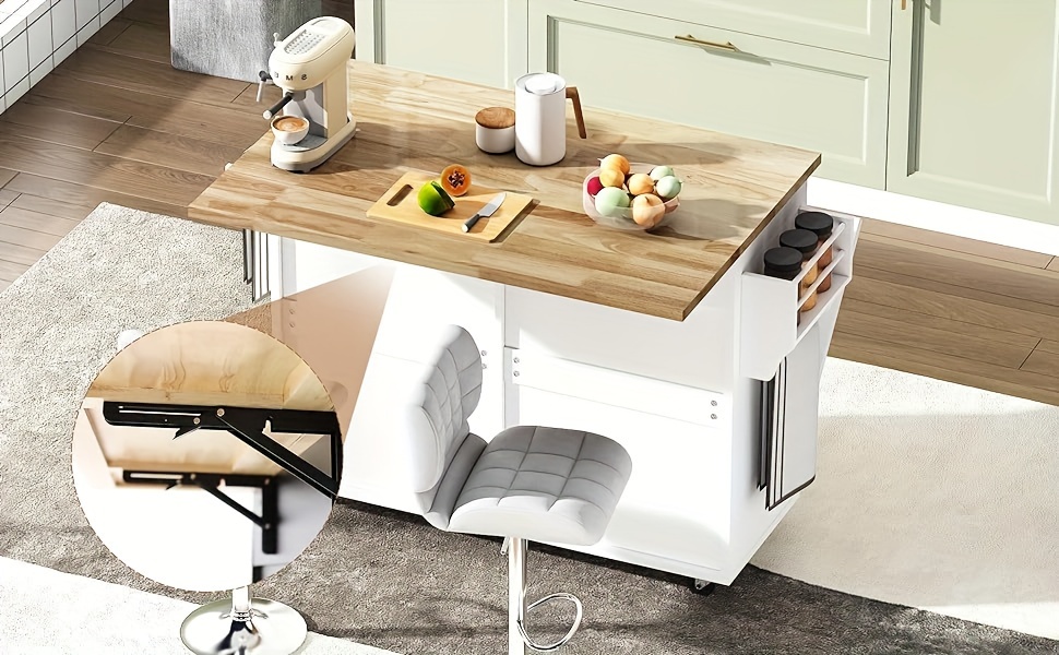 Kitchen Island Cart With Drop Leaf & Trash Cabinet – Mobile Cart With Storage, Spice Rack, Drawers