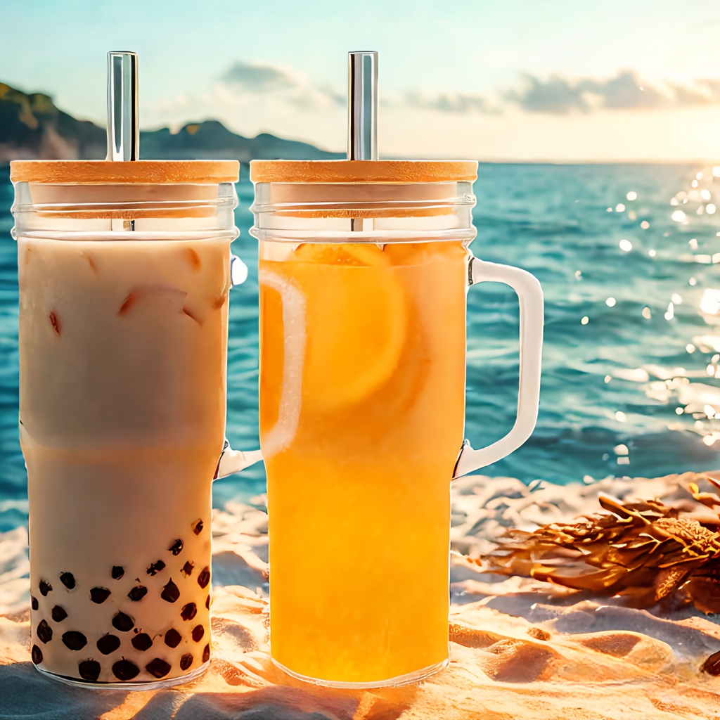 2pcs 4pcs glass cups with lids and straws 24 oz mason jar drinking glasses tumbler with handle brush reusable iced coffee cups boba tea smoothie cups mothers day gifts Product details 1