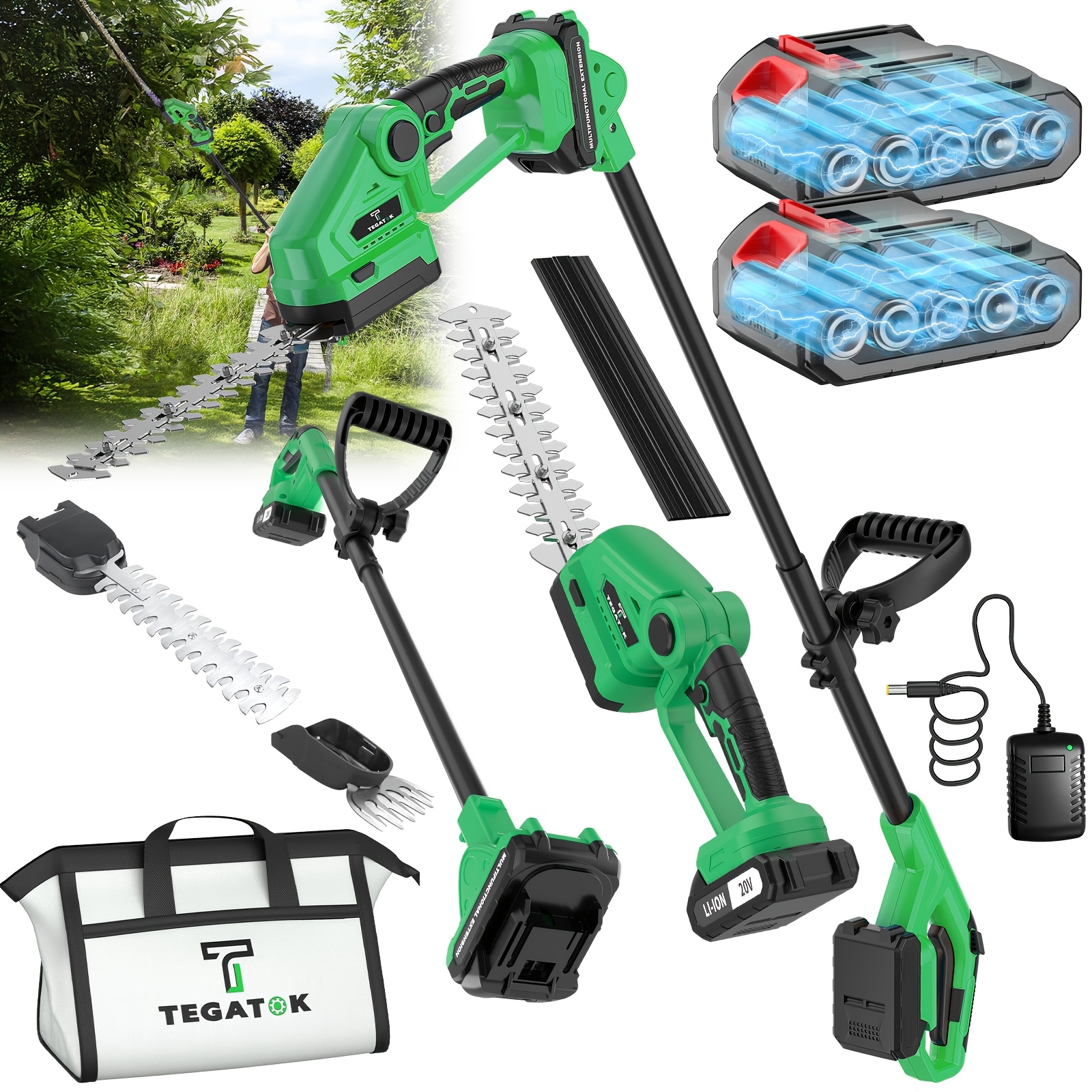 TEMU Taille-haie électrique fil 20V | Coupe-bordures électrique 2-en-1 avec 2 batteries rechargeables et chargeur | Idéal pour la taille des haies de