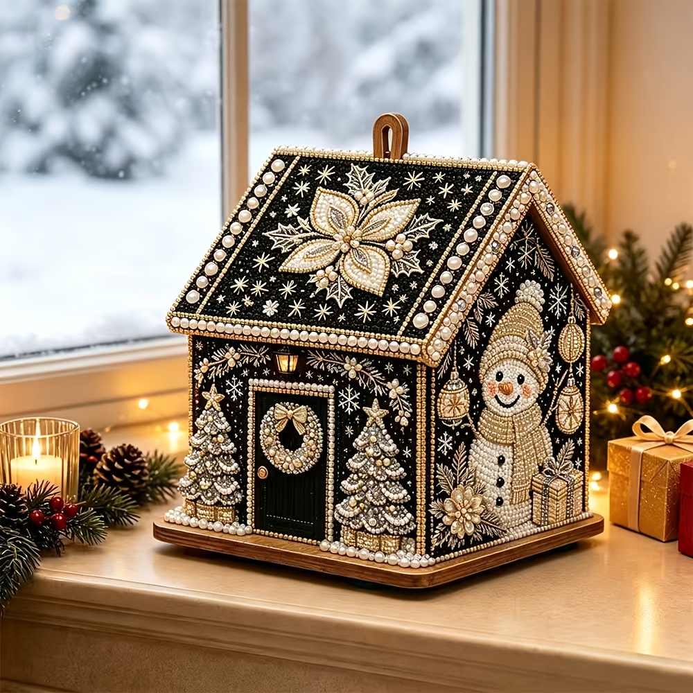 TEMU A Diy Assemble Wooden Christmas Pearl Diamond Cabin, Christmas Gift, Handmade Christmas Home Desktop Ornament, Stress-relief Hobby Gift, For