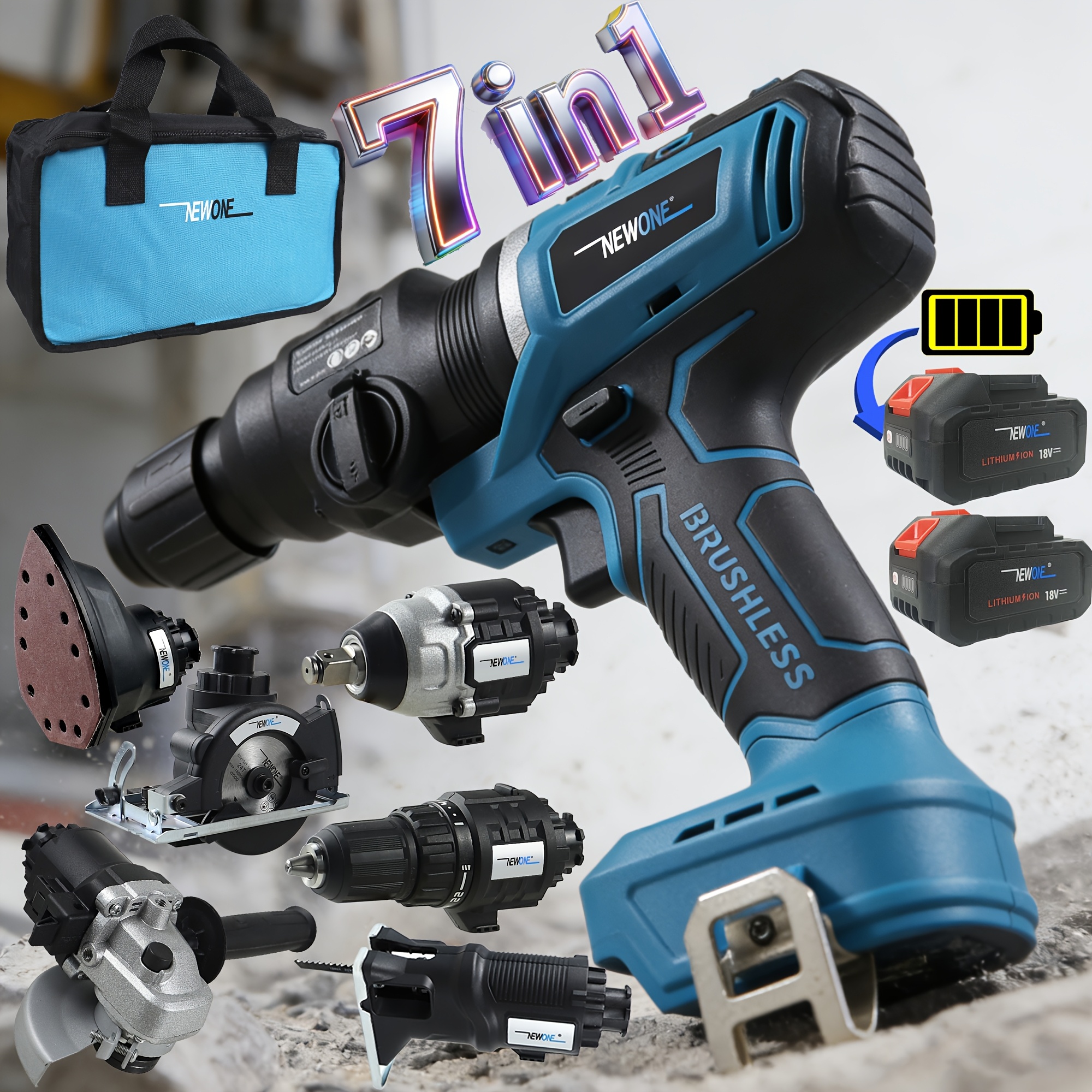 Image of 7-in-1 Brushless Multifunctional Power Tool Set With 7 Accessories: Jig Saw, Wrench, Drill, Hammer, Circular Saw, Angle Grinder, Sander. Cloth Bags Can A Large Number Of Of The Family.