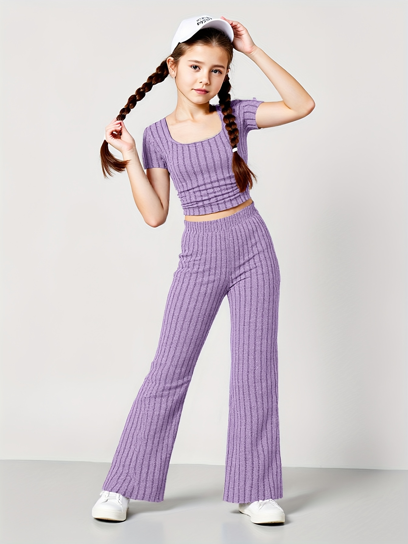 Girls' Korean Style Casual Knit Set Striped Fit Short Sleeve Flared  Pants Elastic and Outdoor Two-Piece Set Outdoor