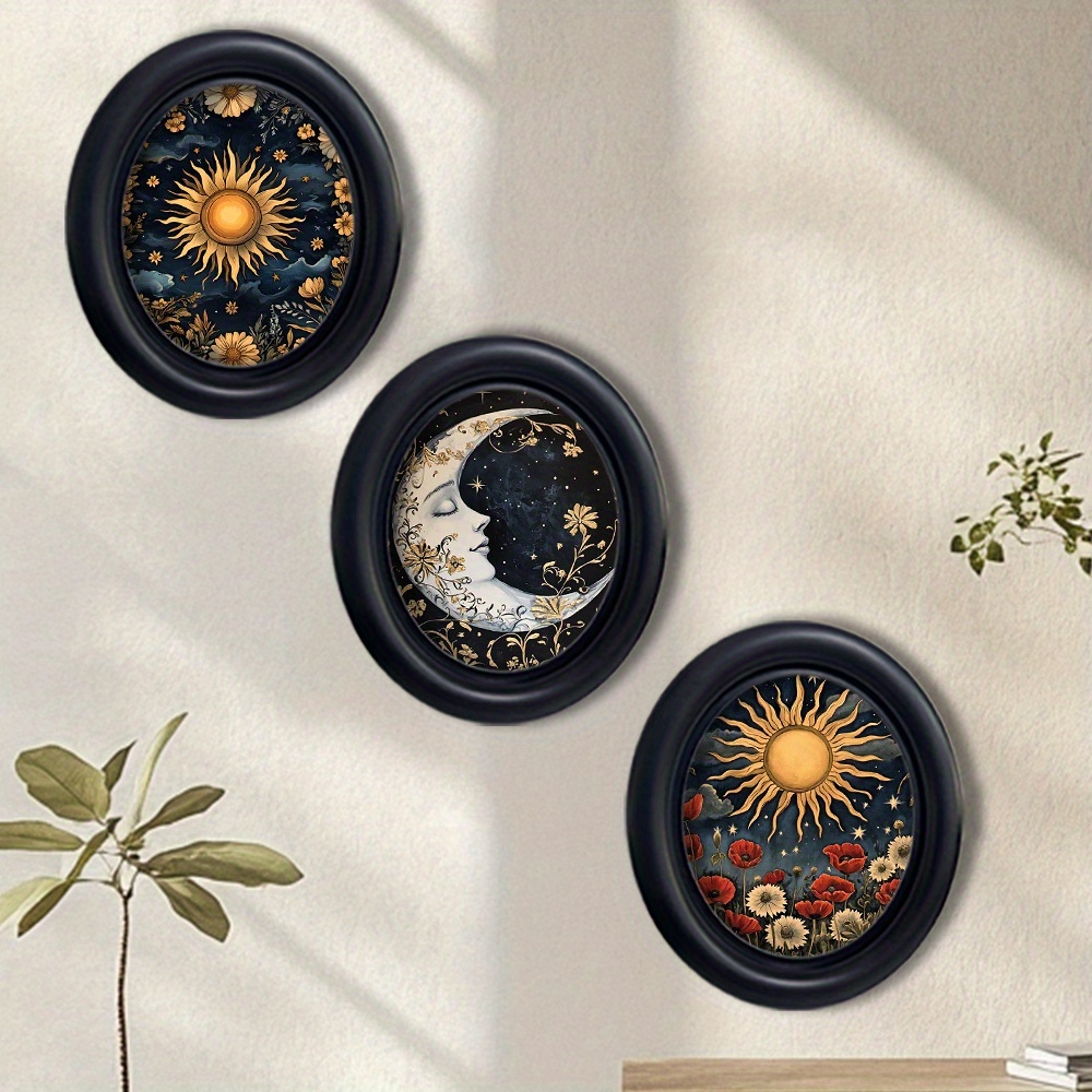 TEMU 2d Flat, 3pcs Minimalist Gothic Wall Panel Decor - Dark Academia Suitable For Bedroom & Living Room, Black Oval Artificial & Patterns, Modern