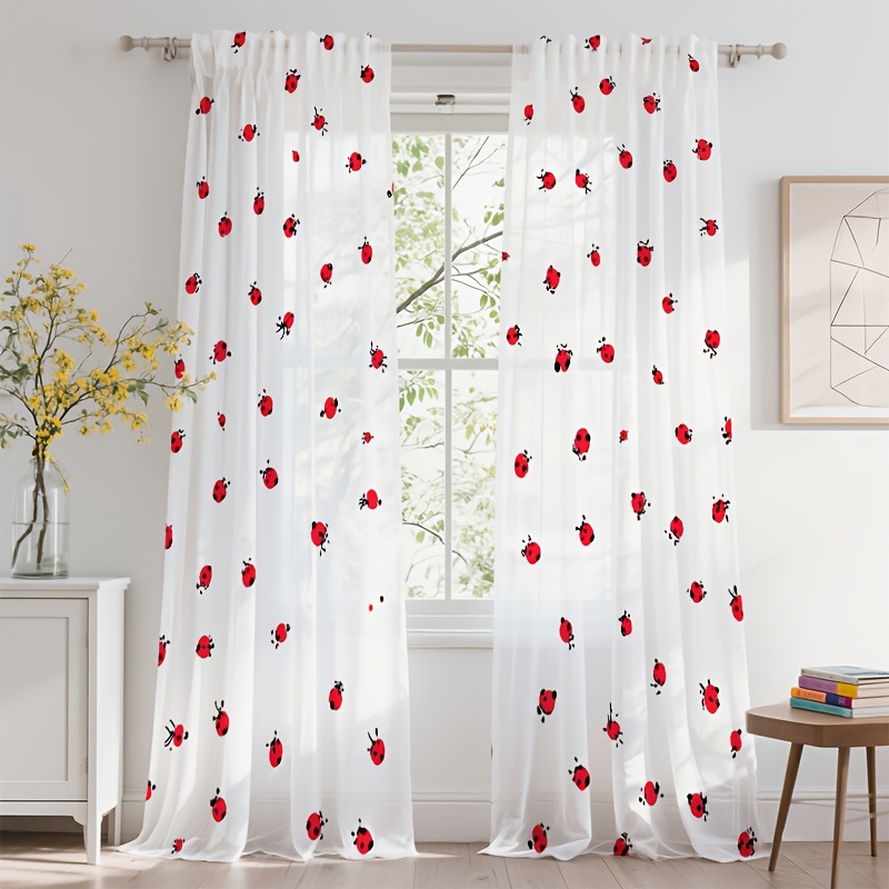 TEMU 2d Flat, 2pcs Curtains, 2d High-definition Digital Printing, Semi-transparent Polyester, Red And Black Ladybug-patterned Window Screen, Top