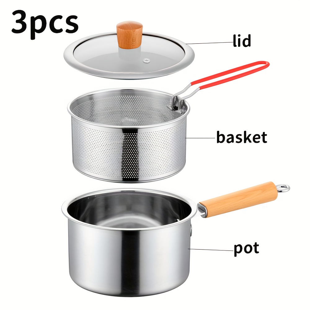 TEMU 3pcs Stainless Steel Multifunctional Cookware Set, Including Pot Body lid frying Basket And Glass Lid, Non Stick Pot, Deep Oil Pot, Noodle Pot,