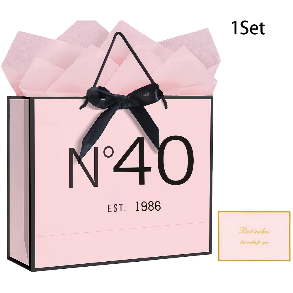 TEMU 1 Set/2 Sets/5 Sets, "elegant 1986, Stylish Pink And Black Gift Bag Set With Black Ribbon Bow, Thin Paper And Greeting Cards, Party Supplies For