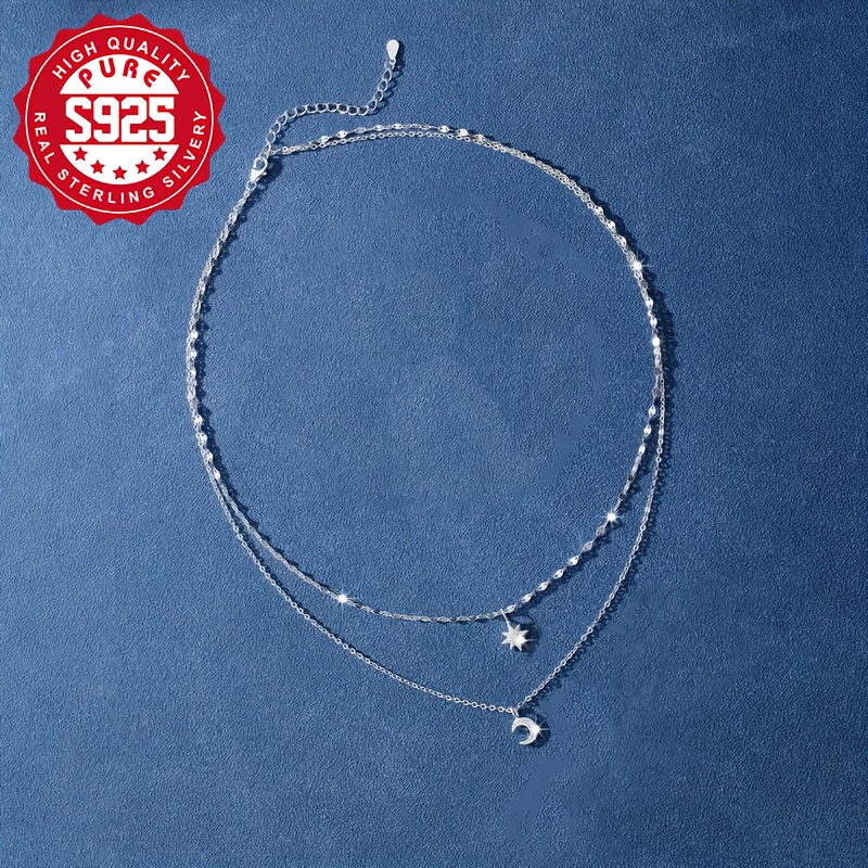 S925 Silver Star And Moon Double Layer Necklace