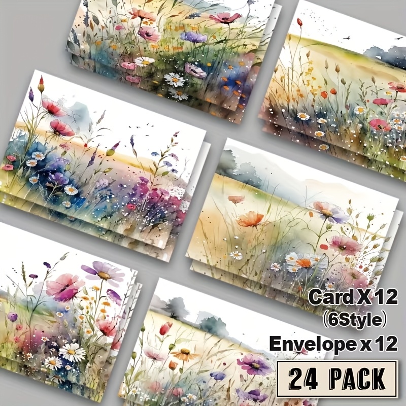 E-shop 24 Stück Wildblumenwiese-Aquarell-Grußkarten, geeignet für Geburtstage, Hochzeiten, Weihnachten, Dankeskarten mit Umschlägen – leere Karten für