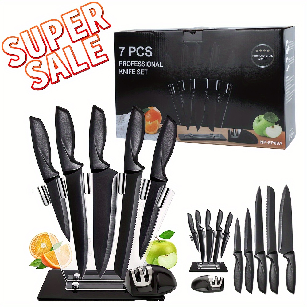 

Kitchen Knife Set With Sharpener - High Carbon Stainless Steel Knife Block Set With Ergonomic Handles (7 Pcs - Black)