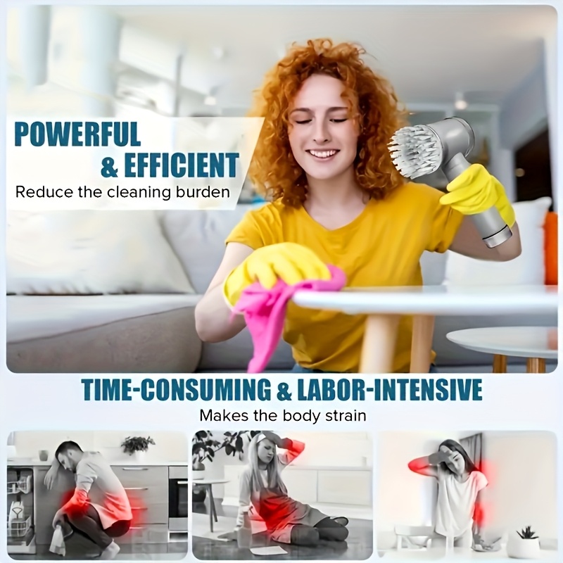 a beautiful t shaped electric cleaning brush set with multiple brush heads this usb rechargeable medium hard handheld   for kitchens living rooms bathrooms etc and can clean stains on shoes sofas pot bottoms etc details 8