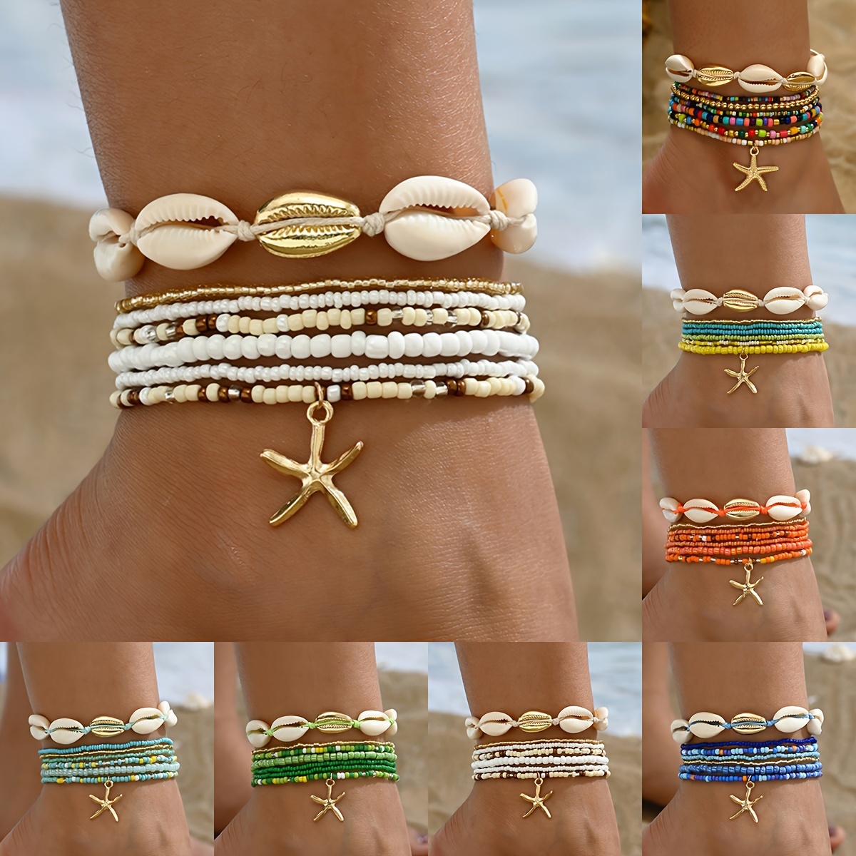 

Boho Style Anklet Set, 7-piece Starfish & Shell Charm Adjustable Bracelets, 18k Golden Plated Beaded Stacking Beach Jewelry, Glass & Shell Mosaic, For Daily & Vacation Wear