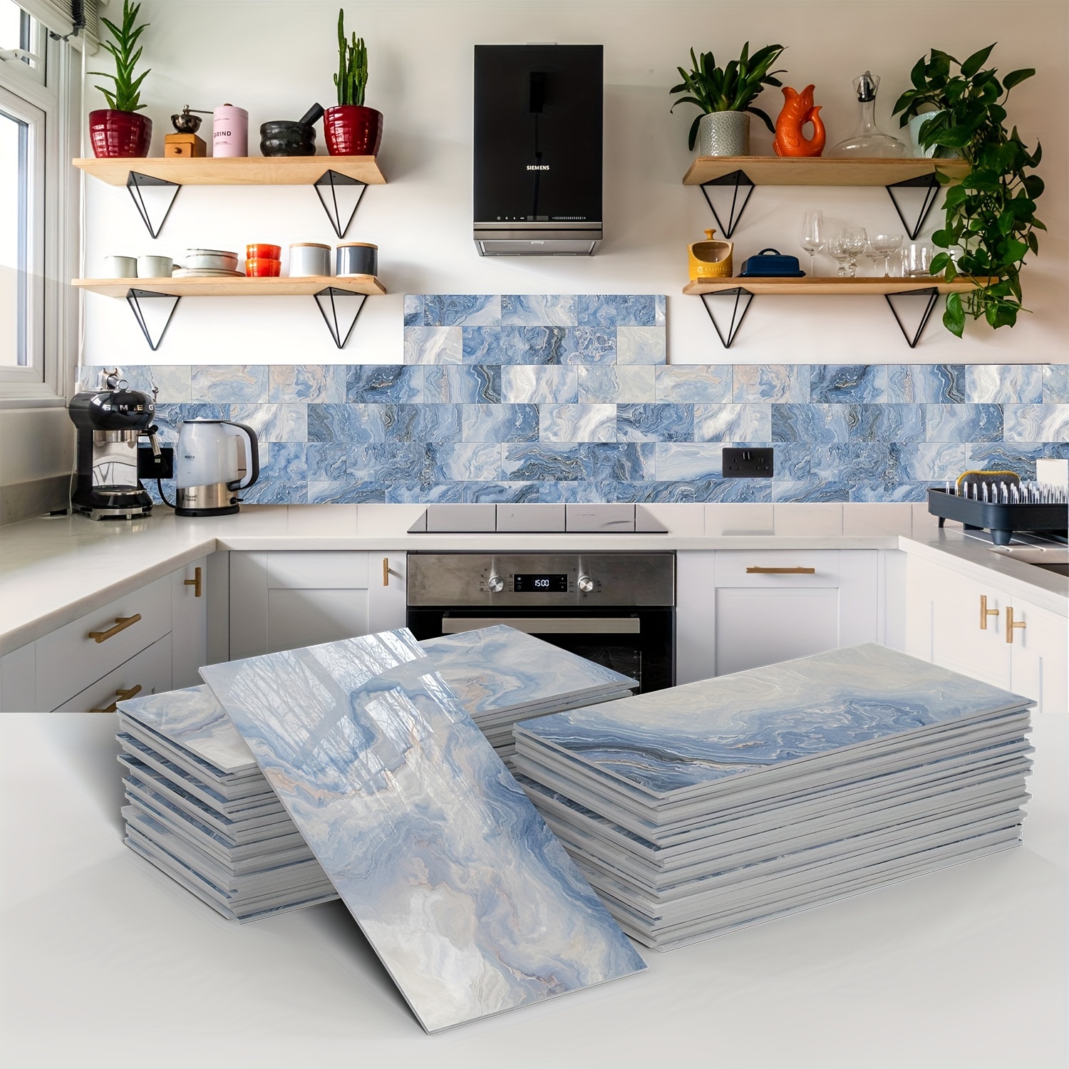 

16/64pcs Per Box Waterproof Adhesive 3d Ceramic Tile Stickers, Blue Ombre Marble Pattern, Suitable For Diy Kitchen, Bathroom, Laundry Room, Rv, And Fireplace Decoration, 4x8 In