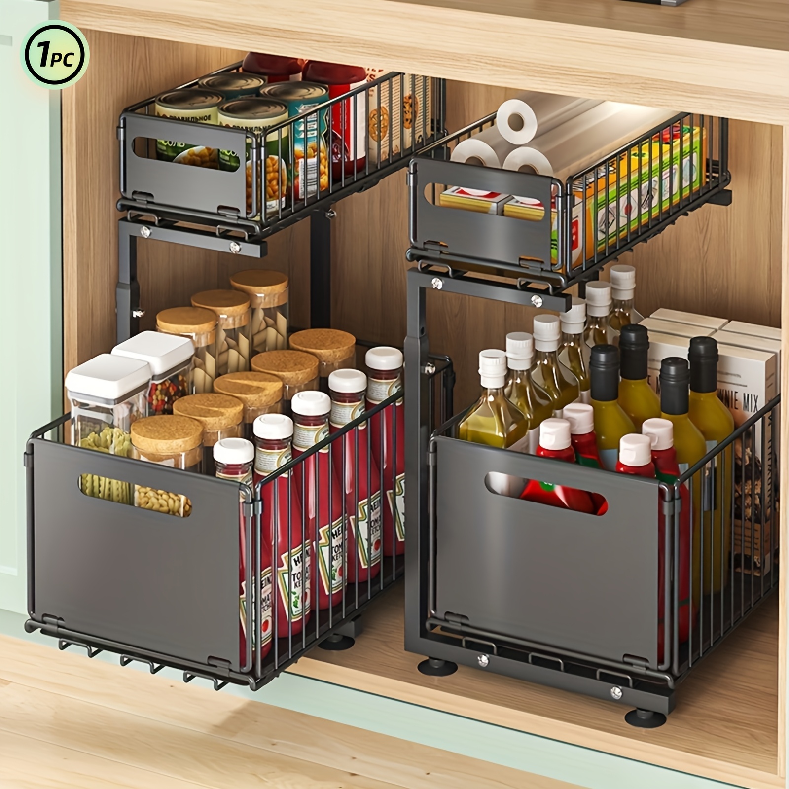 1  tier pull out storage basket no drill foldable metal sliding organizer rack for under sink cabinet countertop multi purpose kitchen bathroom restaurant outdoor bbq storage solution under sink storage organizer spacesaving design sturdy construction   organizer utility racks