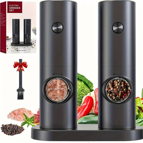 electric salt and pepper grinder set 2pcs with base and cleaning brush adjustable grind coarseness led lighting suitable for kitchen bbq table seasoning tool or gift black