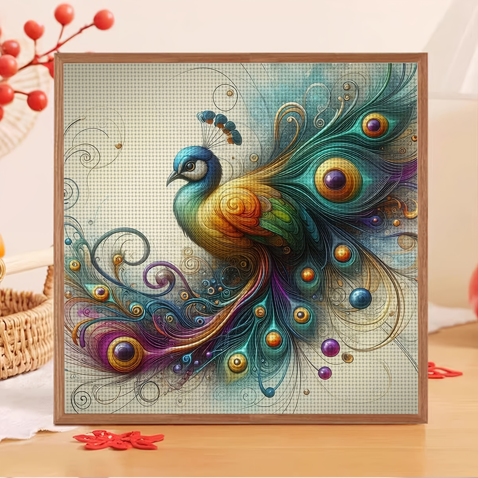 11CT Printed Cross-Stitch Kit, Colorful Peacock Illustration