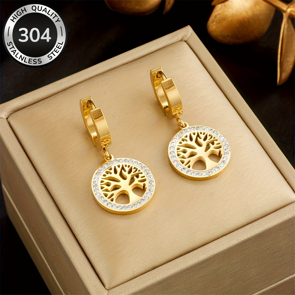 TEMU Fashionable Minimalist Life Tree Edge Inlaid Rhinestone Pendant Earrings Golden 304 Stainless Steel European And Exquisite And Unique Niche