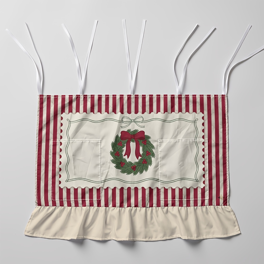 TEMU 2d Flat, 1pc Traditional Christmas Farmhouse Style Oven Curtain With Pockets, Christmas Wreath Red Bow Striped Background Pattern,