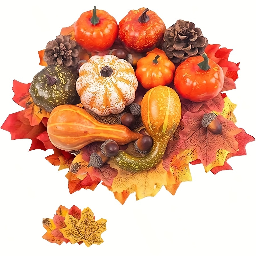 

50pcs Autumn Kit - Faux Pumpkins, Pinecones & , Plastic Fall Maple Leaves For Thanksgiving, & Day Of The Dead Decorations, No-electricity Needed Display Props