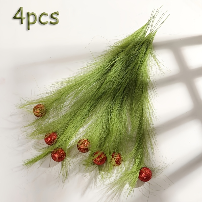 TEMU Plant Stem With Red Ball, Fluffy Elf Christmas Tree Ornament, Christmas Tree Branch Elf, Green Curly Christmas Decoration, Green Furry Pampas