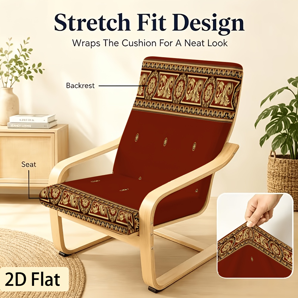 TEMU 1pc Modern Chair Cover, Golden Scroll Floral Pattern With Red Background And Classical Decorative Border, Boho Cover 2d Flat, Elastic Fabric,