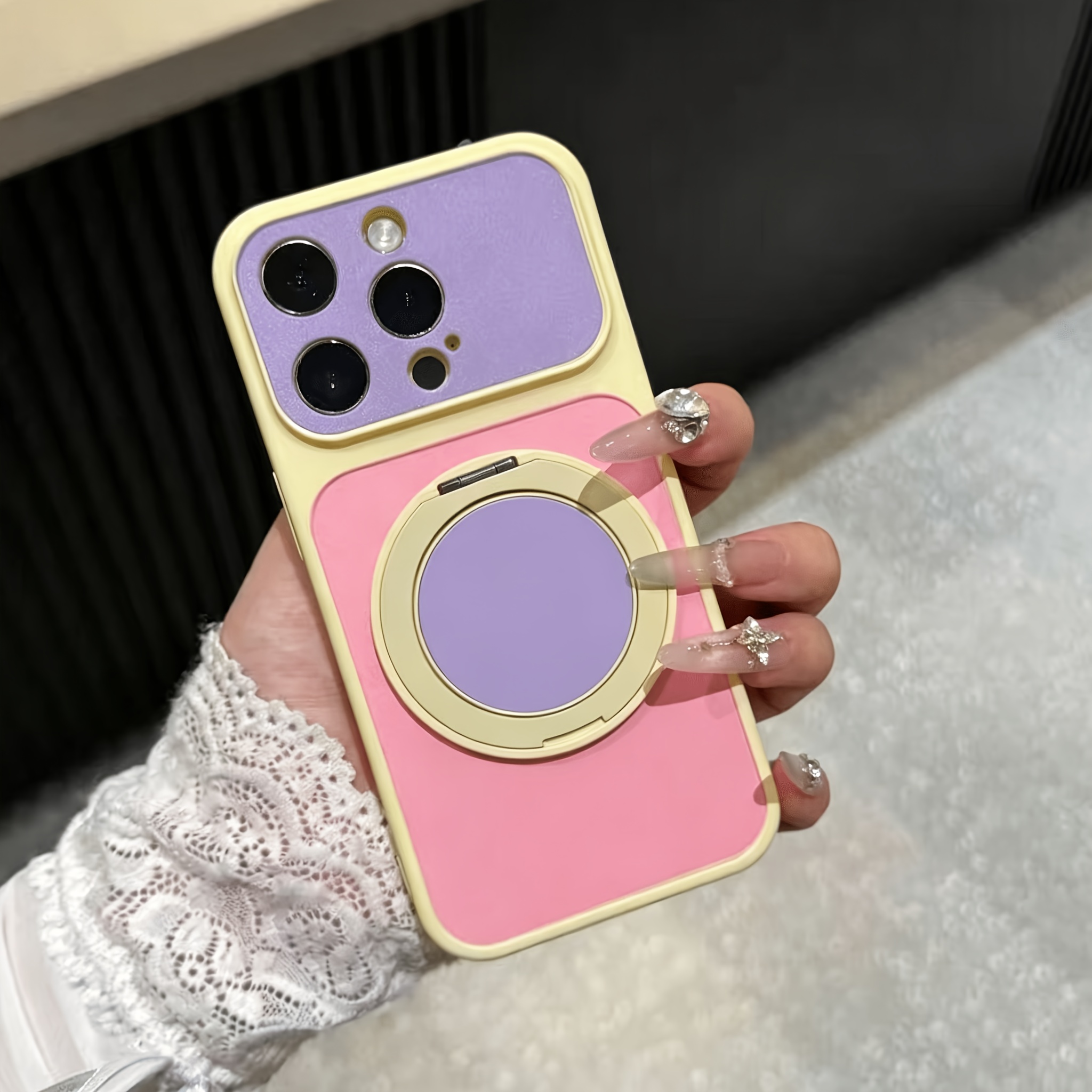 TEMU Phone Case - Premium Contrast Pattern Macaron Phone Case, With Contrast Folding Stand Suitable For Iphone 17, Iphone 17 Pro Max, Iphone 17