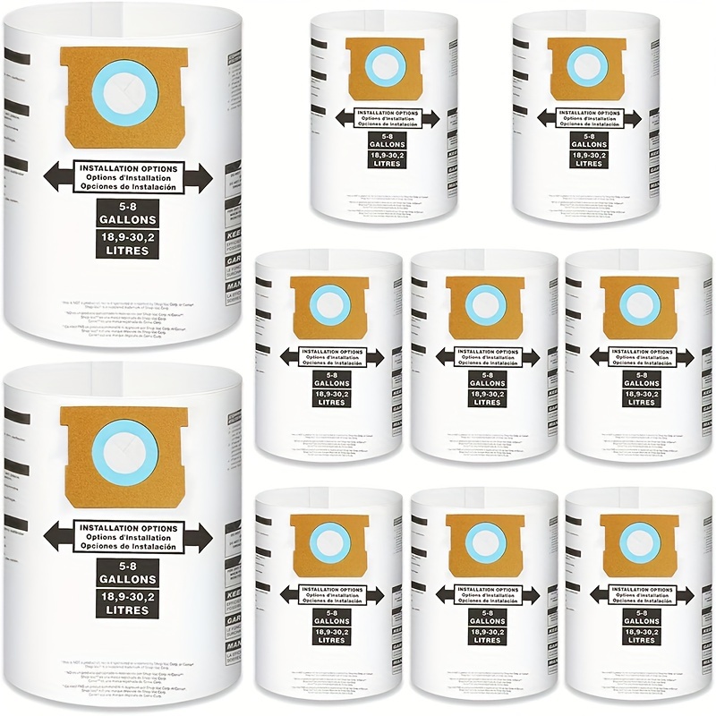 TEMU Lot de 10 sacs filtrants pour aspirateur de 5 à 8 gallons - Compatible avec l'aspirateur eau/poussière de 5 à 8 gallons Shop Vac