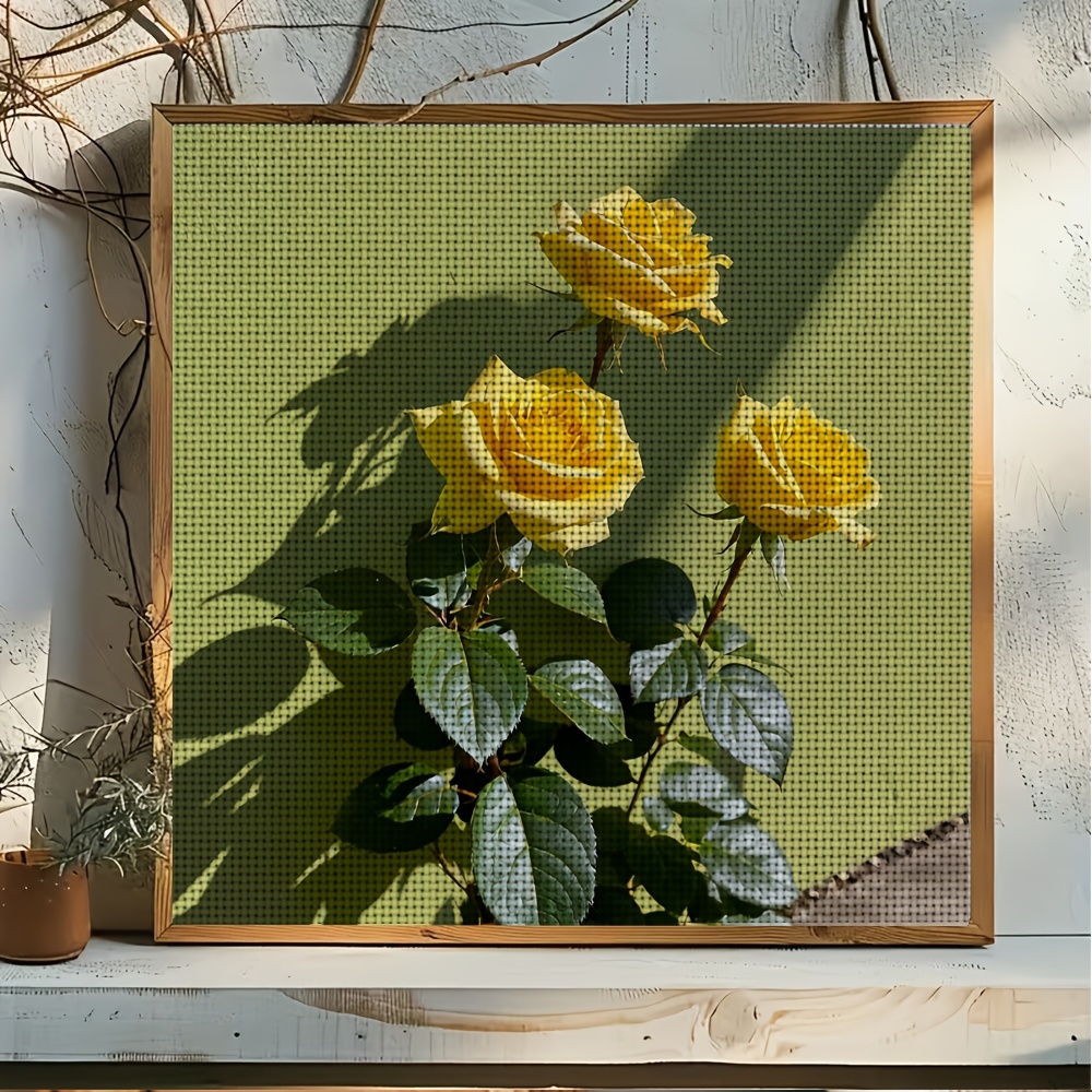 DIY Cross-Stitch Printed Kit, Three Yellow Roses Against a Wall
