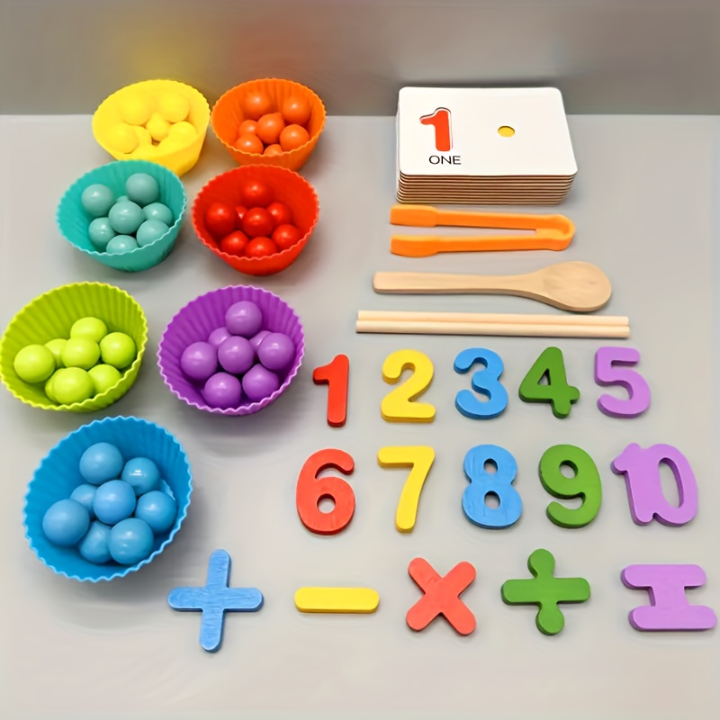 Wooden Arithmetic Bead Game with Tweezers and Cards
