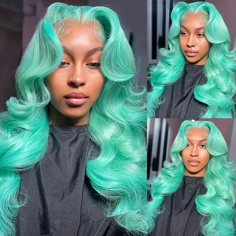 light blue green long body wave lace front wig 13x4 glueless heat resistant synthetic hair for for halloween parties details 5