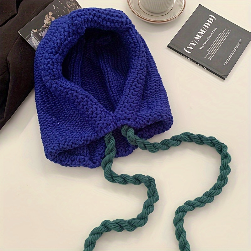 TEMU 2023 New Korean Ins Balaclava Hat Ear Protection Warm Knit Pullover Hat Chunky Stick Needle Blue Beanie