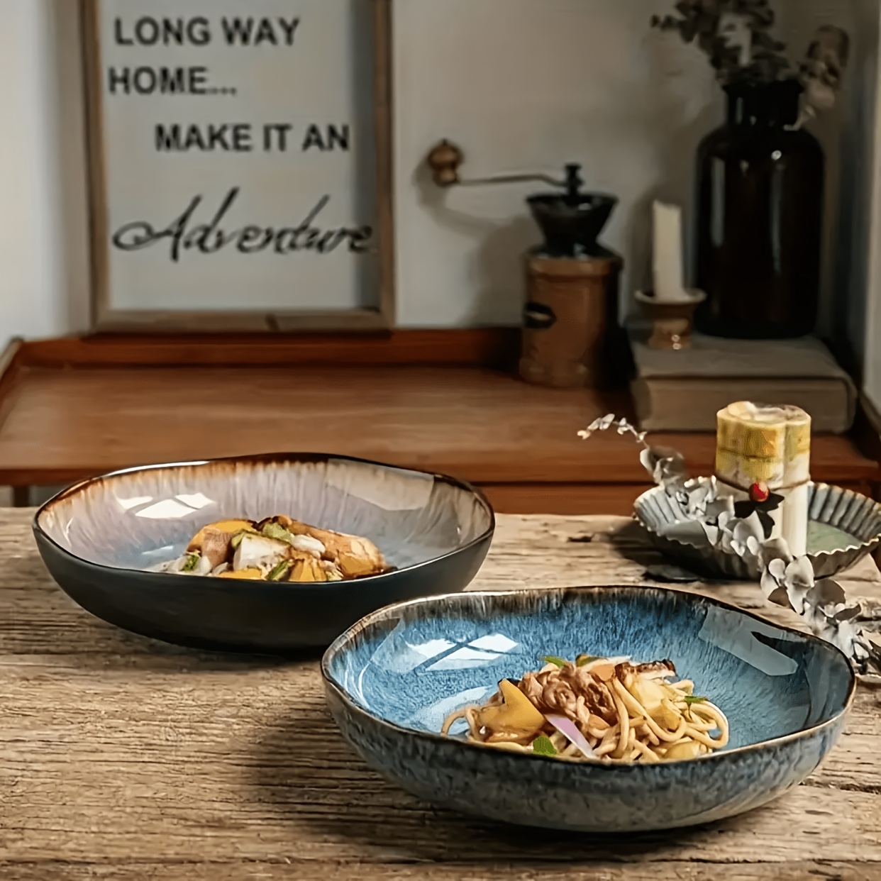 TEMU 2pcs Large Vintage Ceramic Plates Suitable For Home Dining & Parties, Microwave & Dishwasher Safe, Brown To Blue Gradient Glaze, Irregular Deep