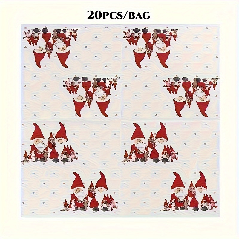 Image of 20-pcs/bag Christmas Gnome Santa Printed Napkins, Facial Tissues, Suitable For Western Restaurants And Bakeries, Party And Gathering Napkins For Halloween、christmas