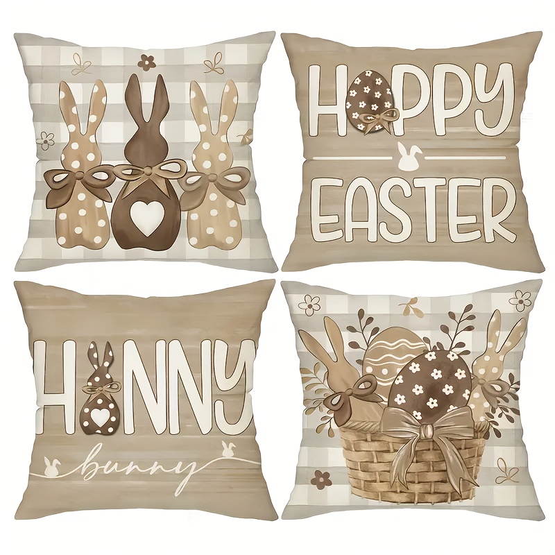 TEMU Set Of 4, Retro Easter Bunny Throw Pillow Covers, Polka Dot And Easter Egg Flower Basket Cushion Covers, Rustic Farmhouse Home Decoration