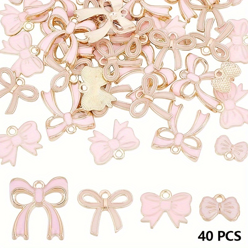 

40pcs Pink & Golden Enamel Bowknot Charms Set - Alloy Fashion Accessories For Making, Includes & Heart Designs With Attachment Loops, Charms For Jewelry Making