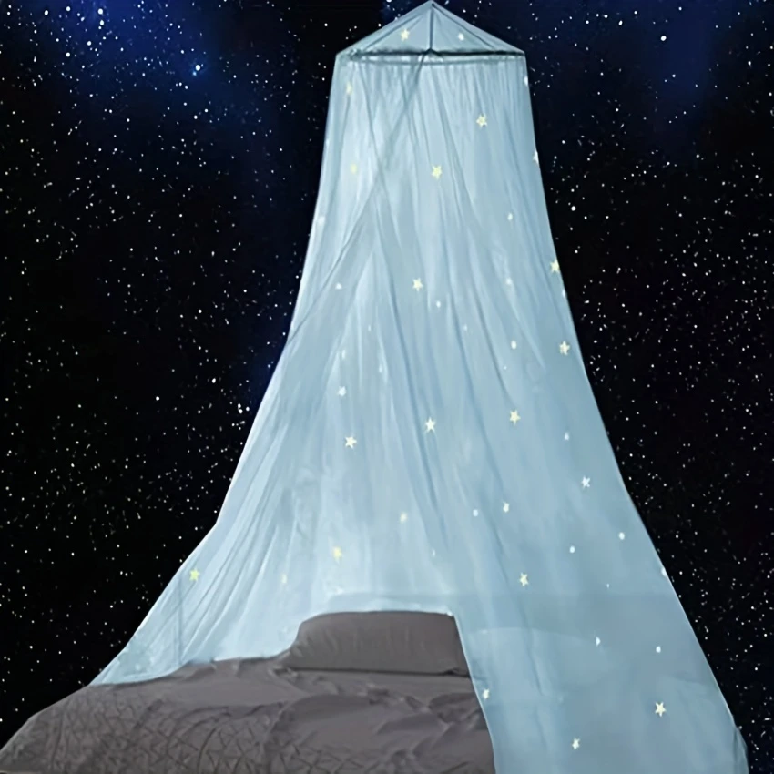glow in the dark starry bed canopy no power needed soft polyester fabric with illuminated star patterns iron wire bracket lightweight machine washable cozy bedroom ambiance in blue or white mosquito net round semitransparent material details 0