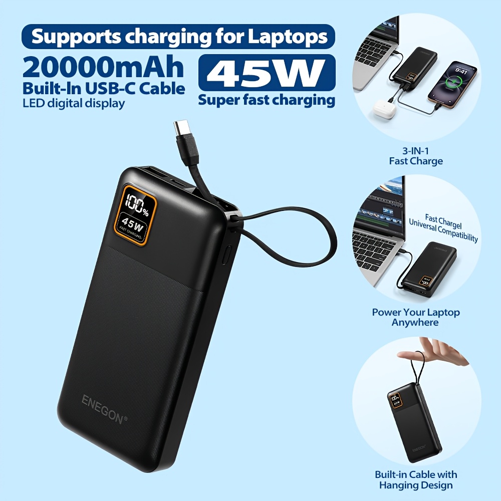 TEMU Enegon 45w 20000mah Portable Charger, Bank With Built-in Usb-c Cable, Fast Charging Usb C Input & Output Battery Pack, Compatible With Laptops &